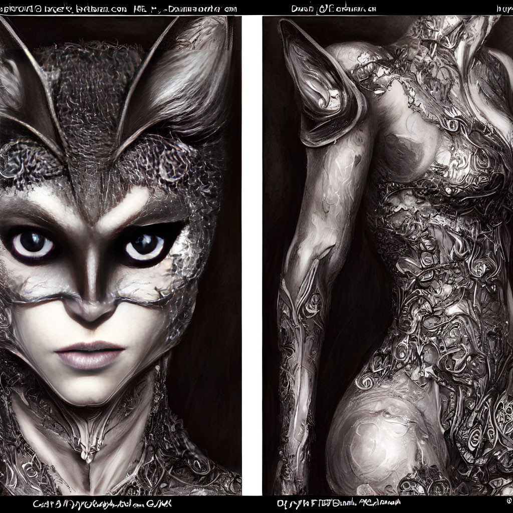 Split Image: Woman with Cat-Like Fantasy Mask & Metallic Floral Body Armor