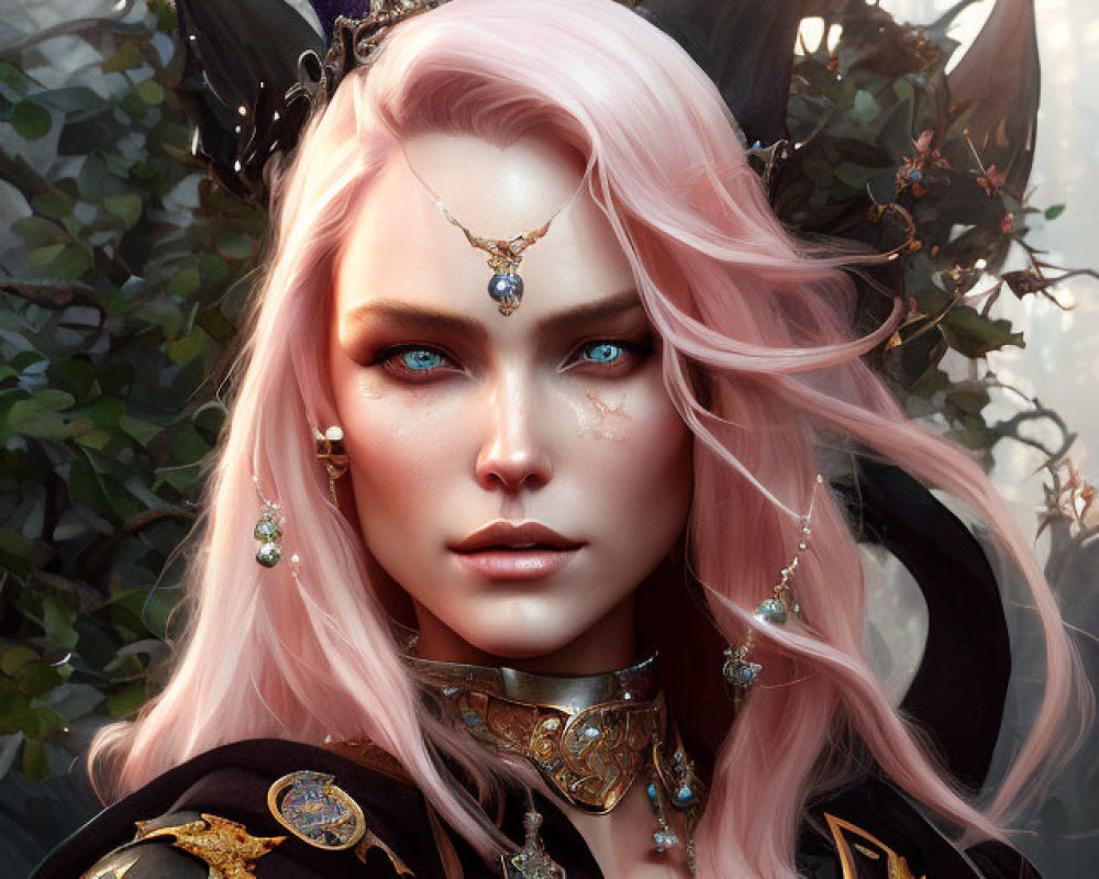 Fantasy portrait of woman with pink hair, blue eyes, golden crown, jewelry, cat-like ears