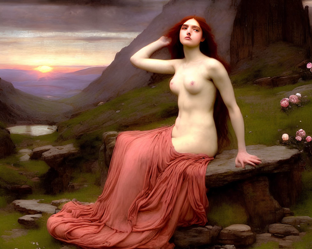 Red-haired woman on rock with red cloth, valley, sunset in background