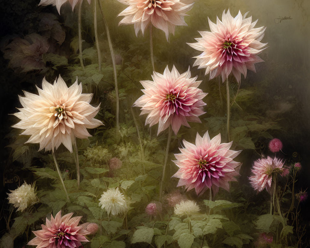 Pink and White Dahlias Blooming in Misty Green Background