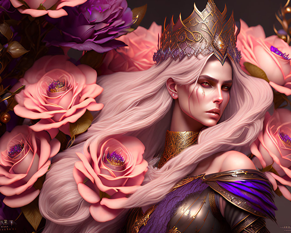 Fantasy queen digital artwork with white hair, crown, armor, and pink roses