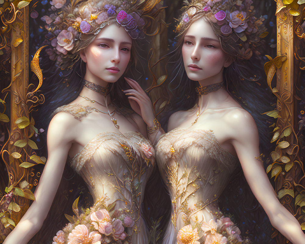 Ethereal women in floral crowns and golden nature dresses among intricate foliage patterns