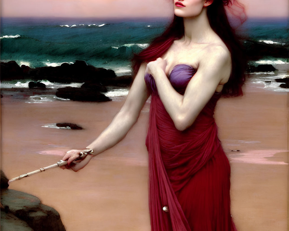 Woman in flowing red dress with wand on beach at sunset