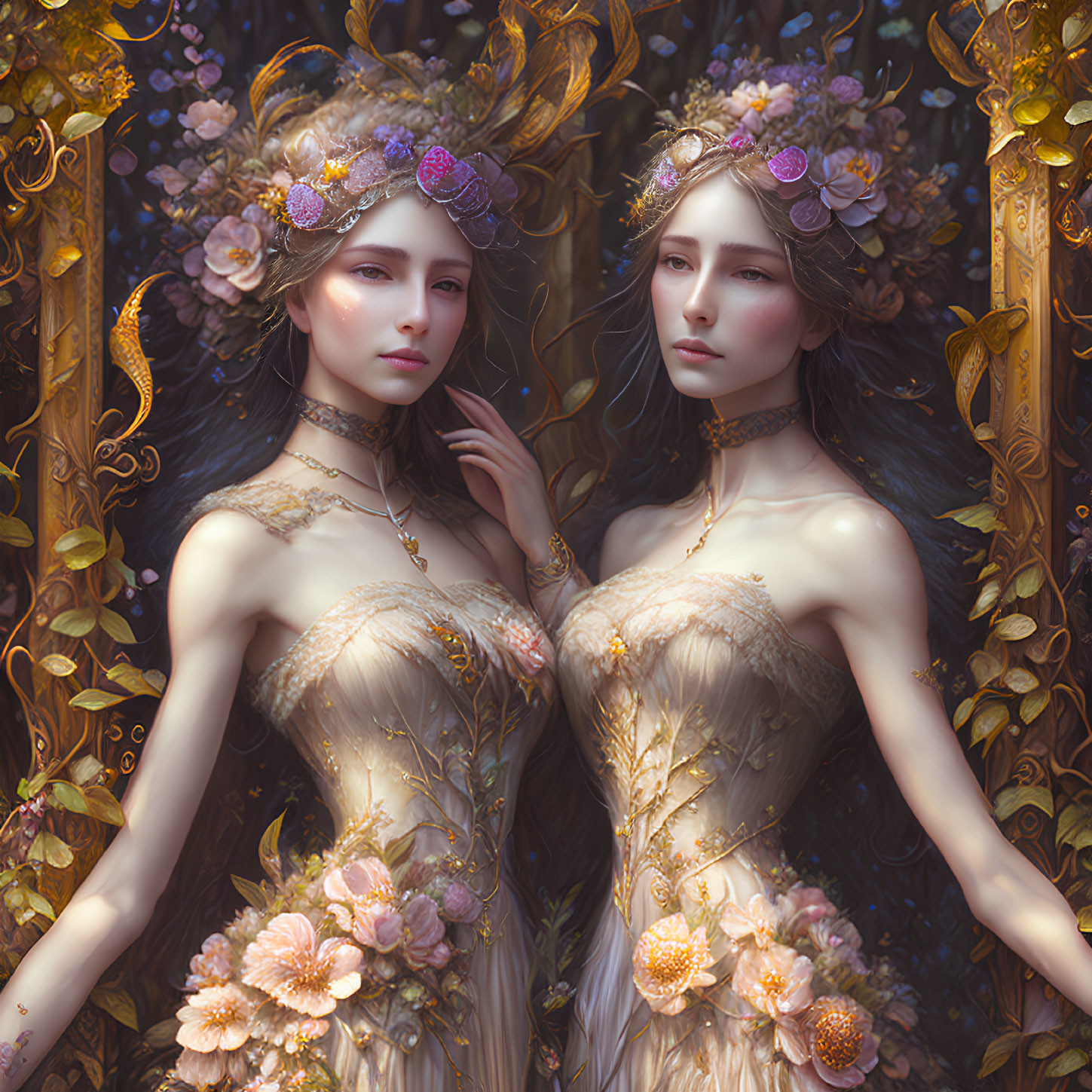 Ethereal women in floral crowns and golden nature dresses among intricate foliage patterns