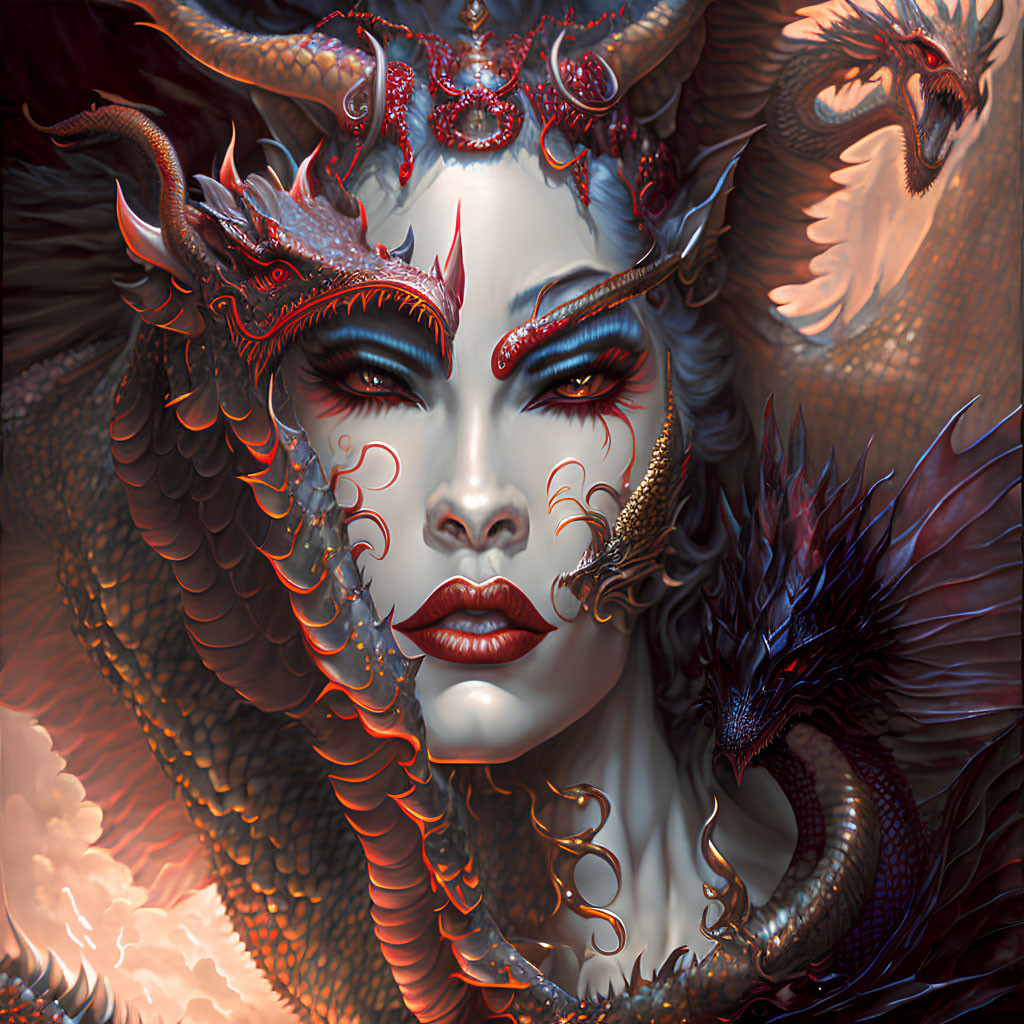 Fantasy illustration of a woman with dragon-like features and two fierce dragons