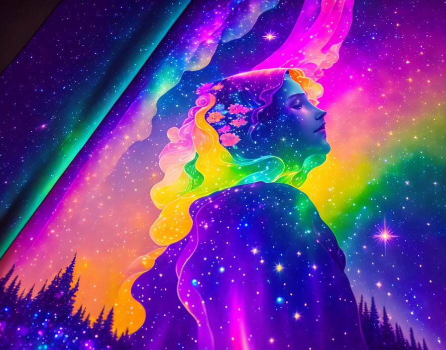 Colorful Cosmic Silhouette: Woman Amid Stars & Northern Lights