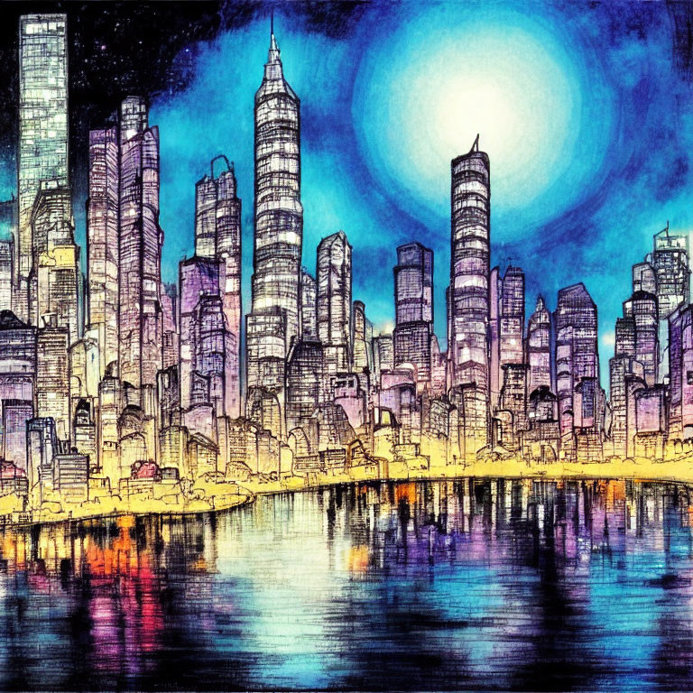 Vibrant city skyline at night with illuminated buildings and moonlit sky