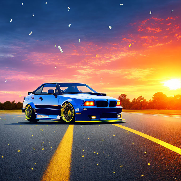 Blue sports car with yellow rims on road at sunset with vibrant sky and light flares.