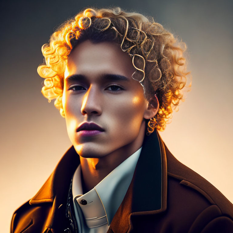 Young man with curly blond hair in brown coat and white shirt under warm light