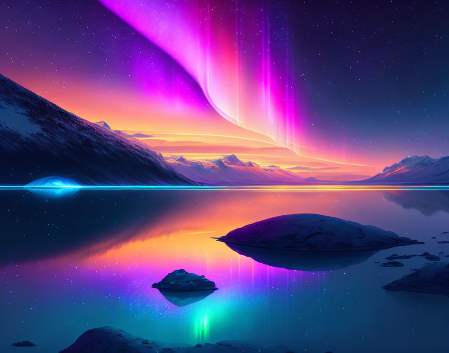 Majestic aurora borealis over mountain lake at twilight