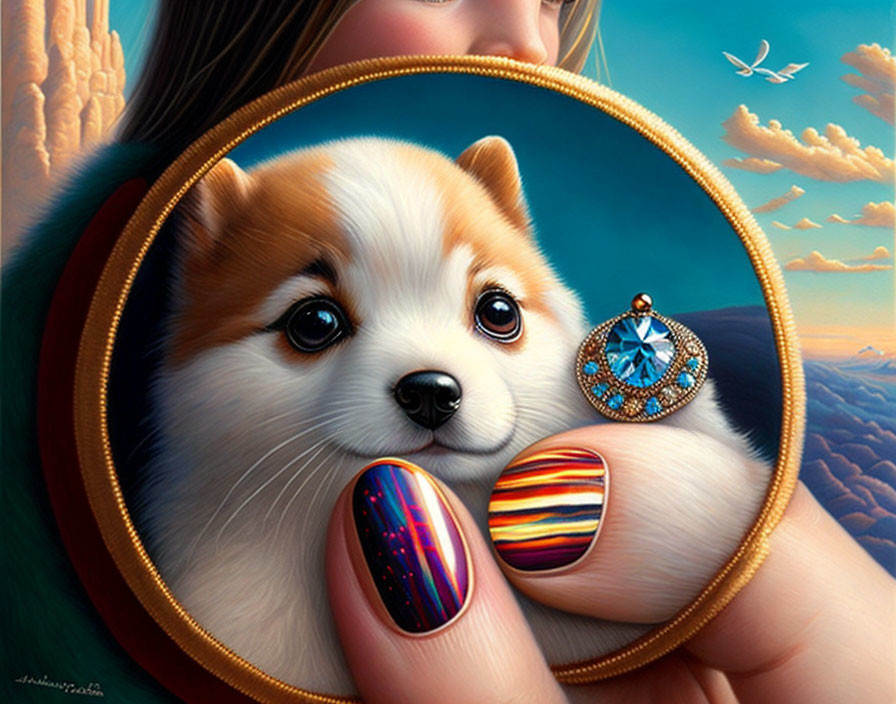 Hyperrealistic Painting: Small Fluffy Dog with Mirror and Bird