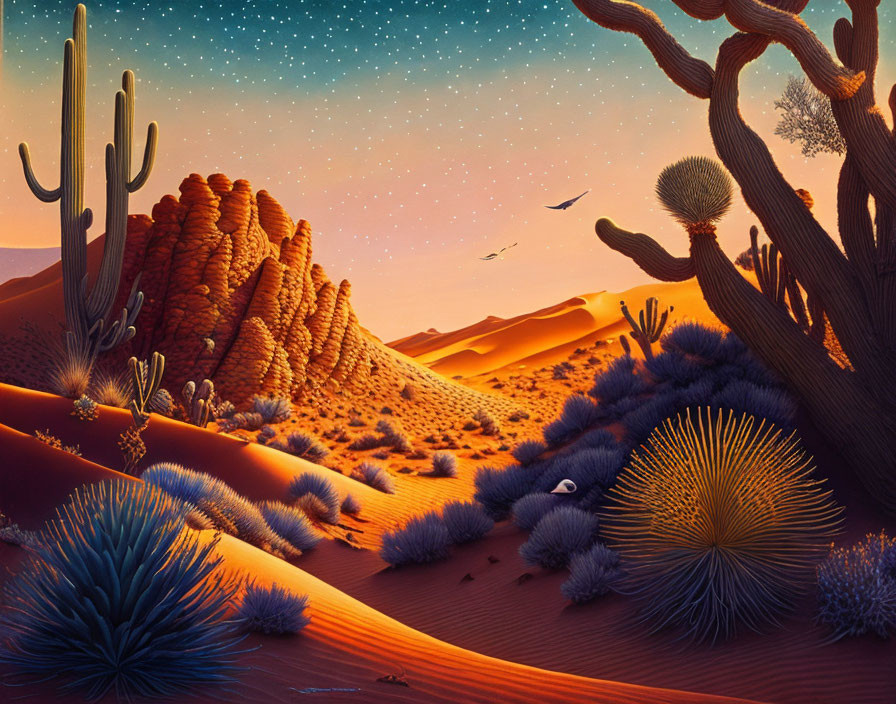 Desert Twilight Scene with Cacti, Sand Dunes, and Starry Sky