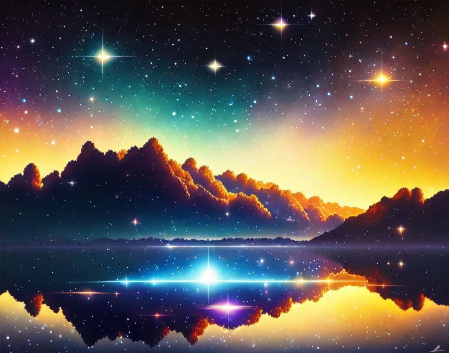 Symmetrical cosmic landscape with star-filled sky, silhouetted mountains, and reflective water.