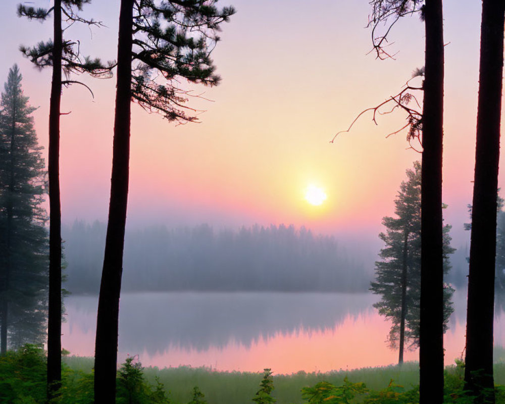 Tranquil Sunrise Scene with Pink and Orange Sky through Silhouetted Pine Trees