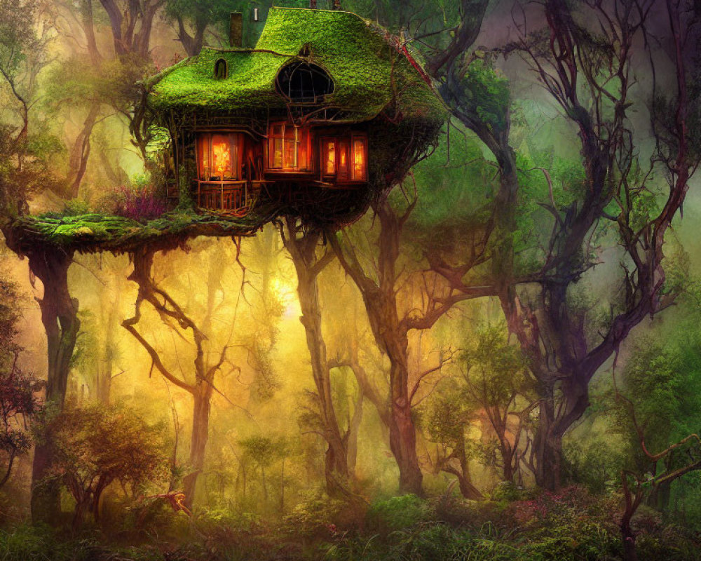 Glowing treehouse in foggy forest with lush foliage