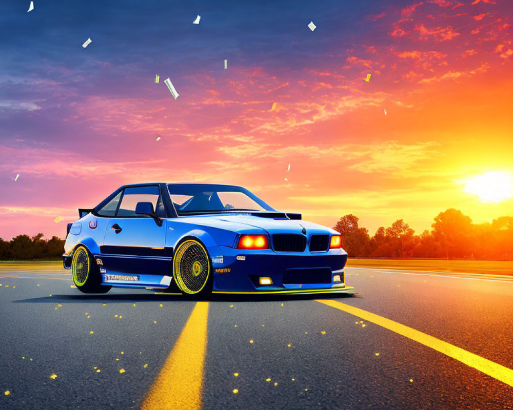 Blue sports car with yellow rims on road at sunset with vibrant sky and light flares.