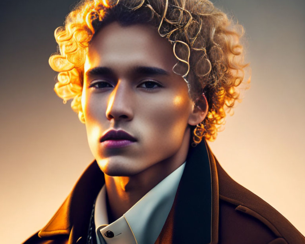 Young man with curly blond hair in brown coat and white shirt under warm light