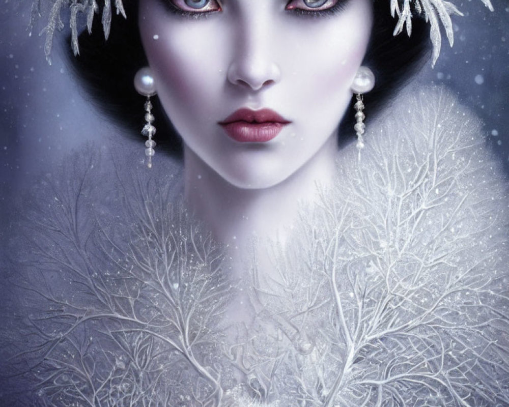 Winter-themed portrait of woman with pale skin and striking makeup in frosty attire.