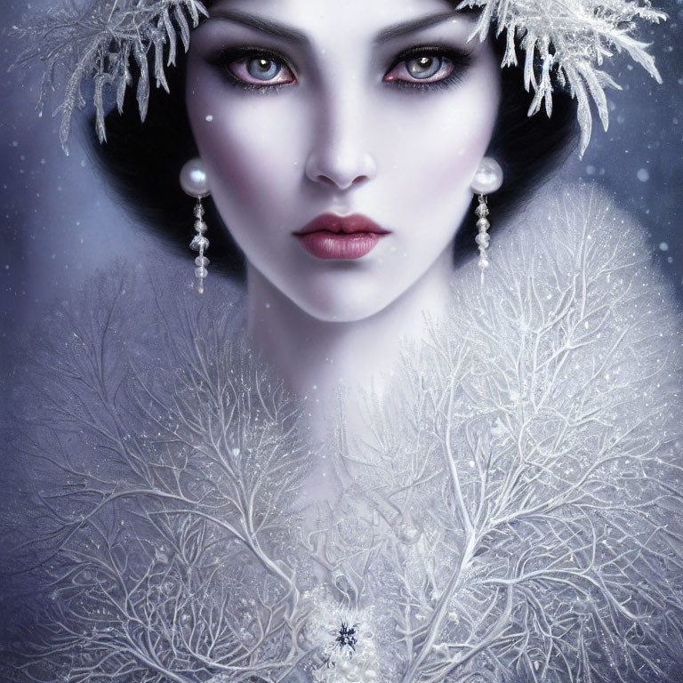 Winter-themed portrait of woman with pale skin and striking makeup in frosty attire.