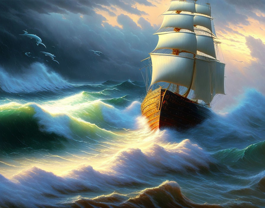 Sailing ship in stormy sea with seagulls