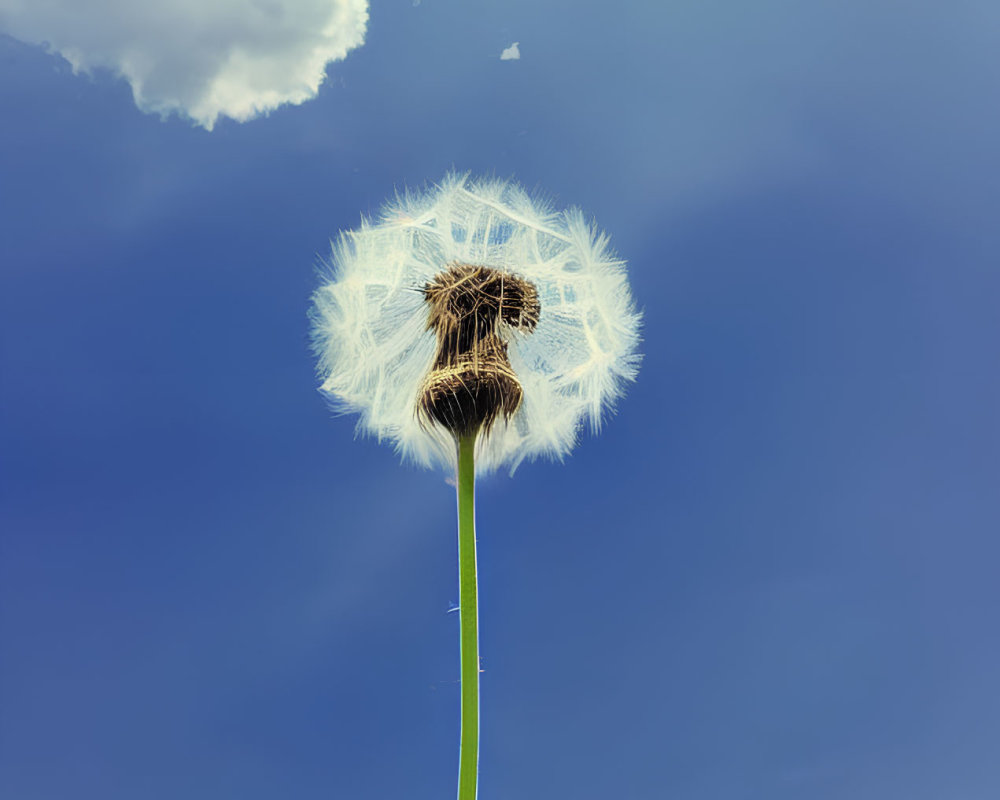 Dandelion seed head against blue sky with clouds