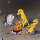 Animated mole, meerkat, and squirrel by campfire in desert night.