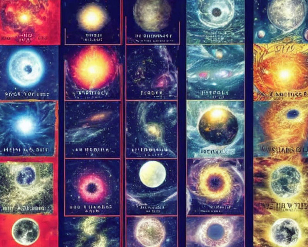 Vibrant Collage of Planets, Nebulae, and Galaxies with Fantasy Text