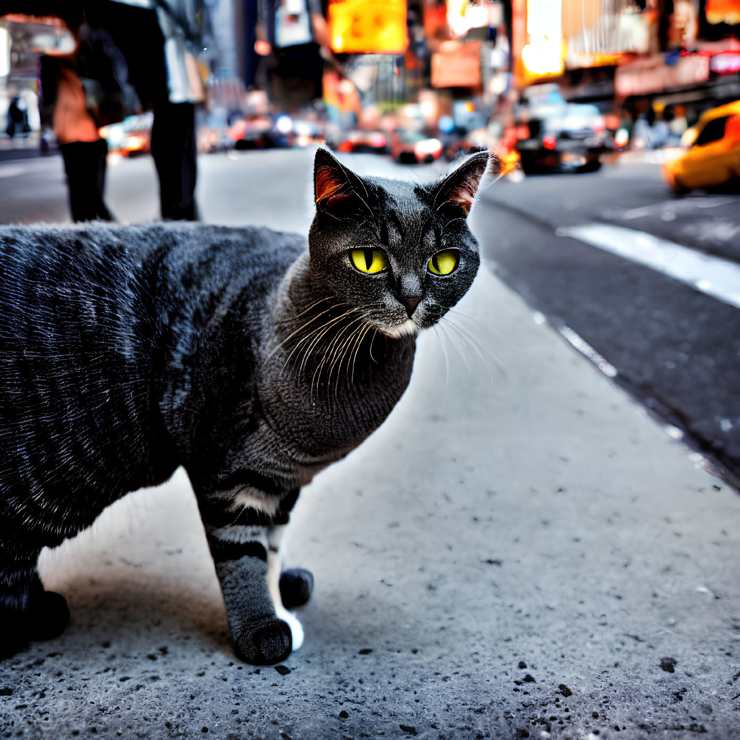 Gray Striped Cat with Green Eyes on City Street with Blurred Background