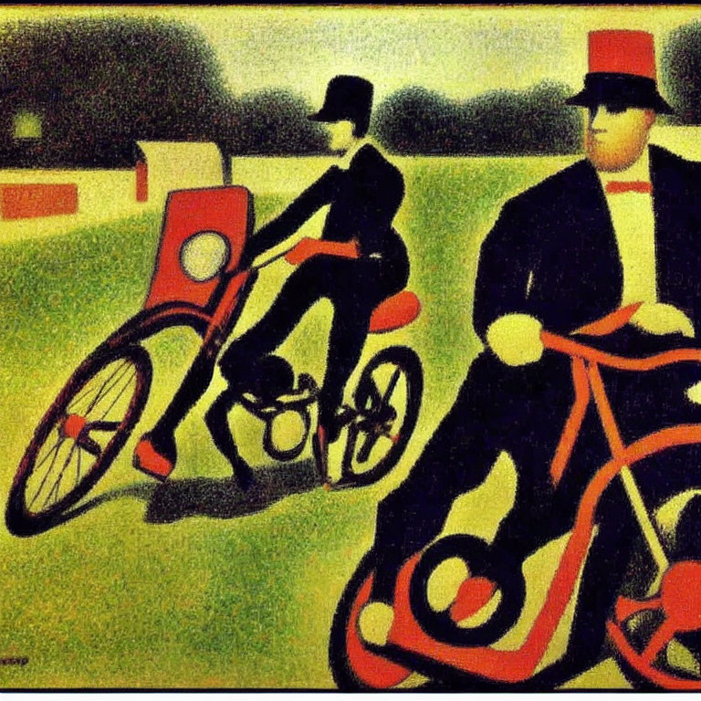 Stylized figures on red and black motorcycles in suits and top hats