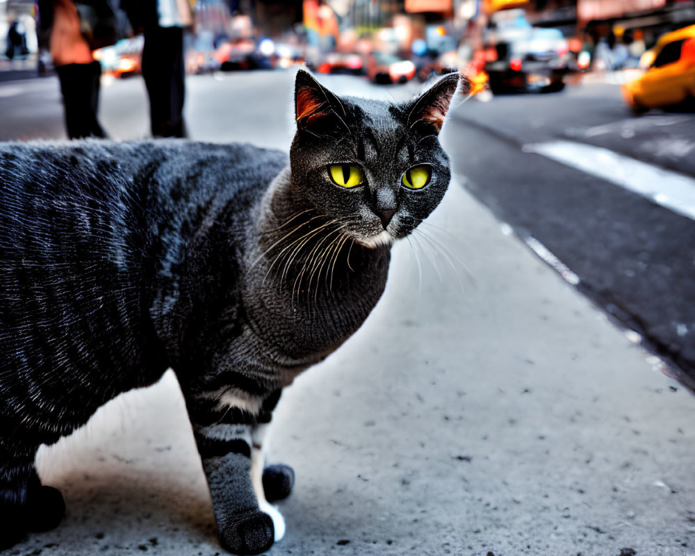 Gray Striped Cat with Green Eyes on City Street with Blurred Background