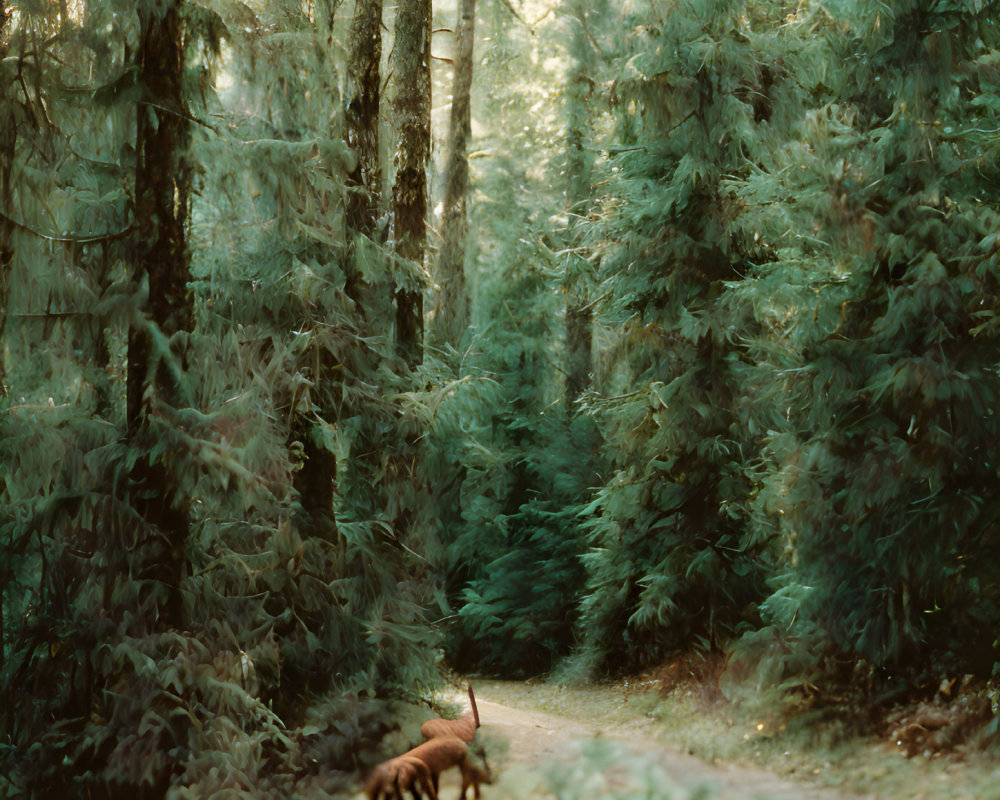 Tranquil forest landscape with tall green trees and a deer on a path