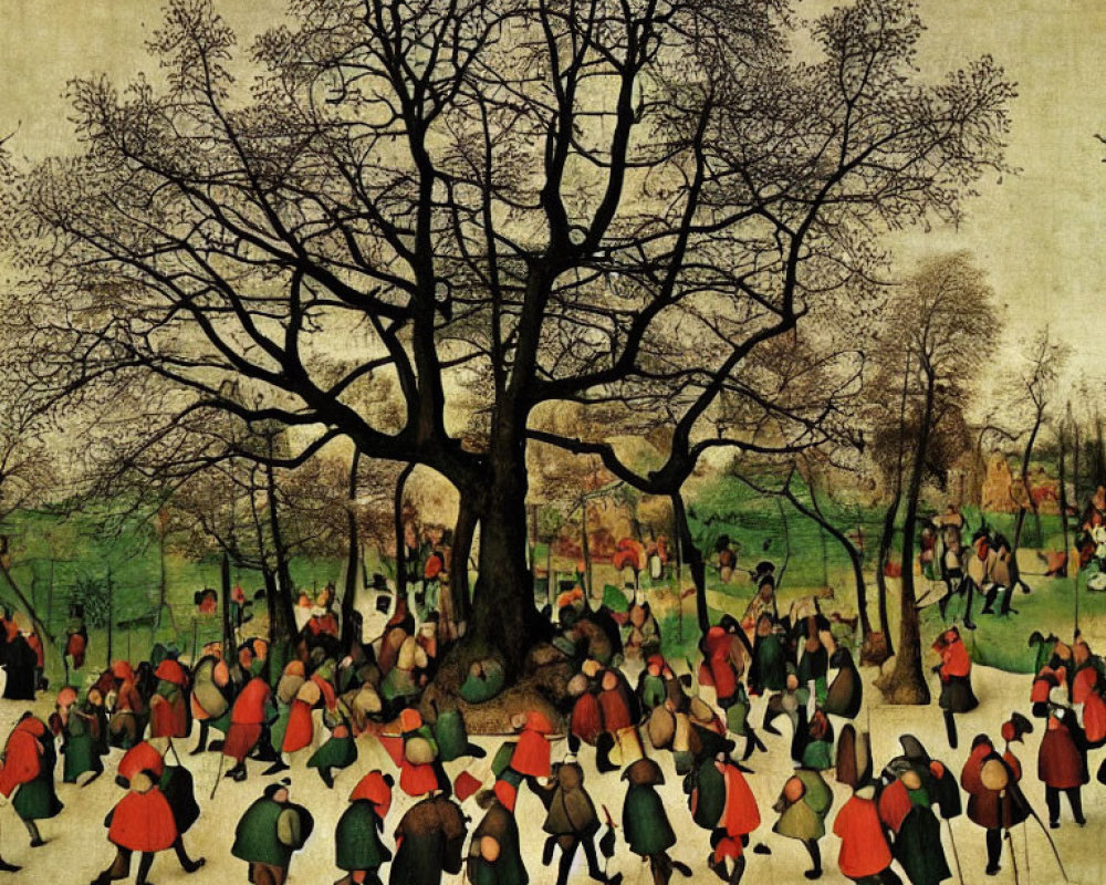 Medieval painting with large tree and crowds in colorful attire