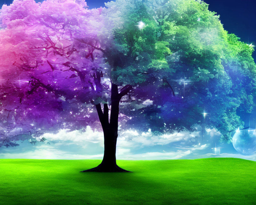 Colorful gradient tree against starry sky with orbs and green field