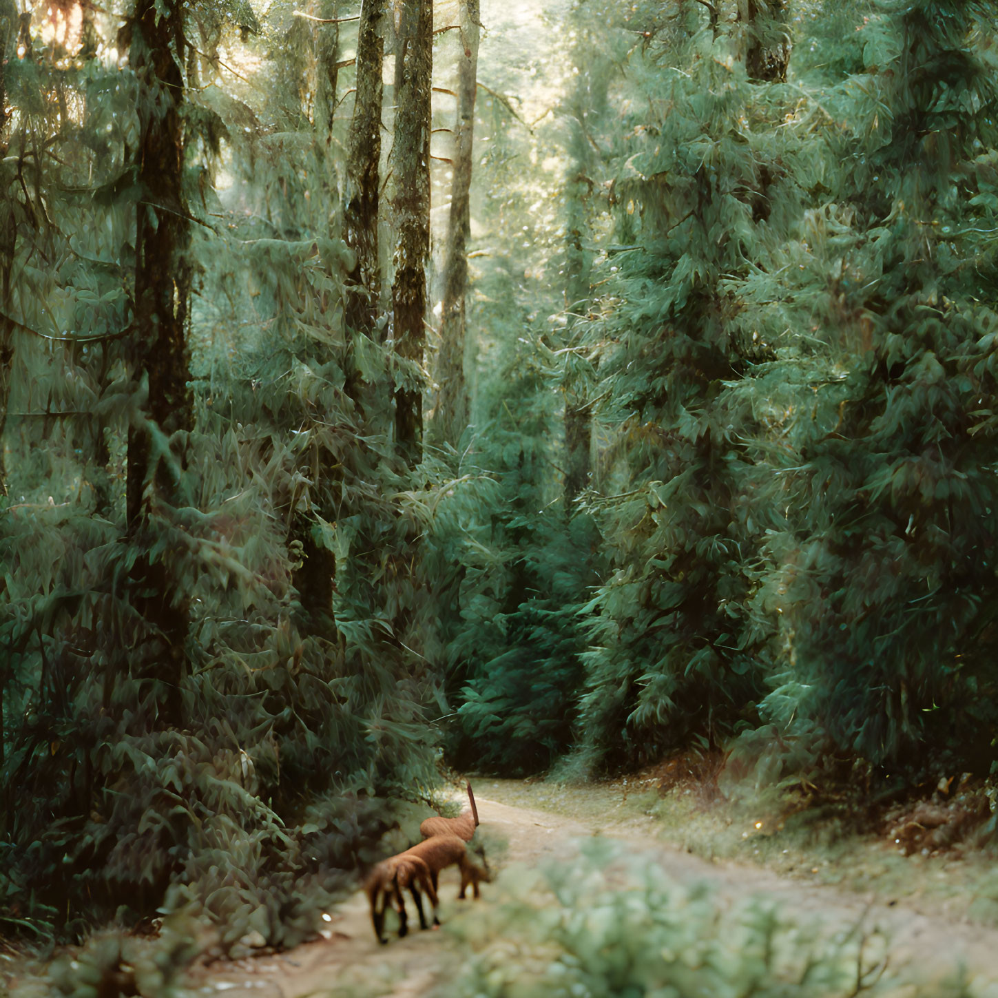 Tranquil forest landscape with tall green trees and a deer on a path