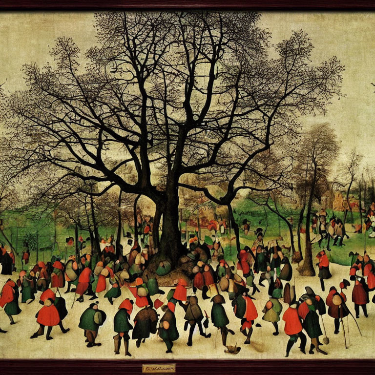 Medieval painting with large tree and crowds in colorful attire