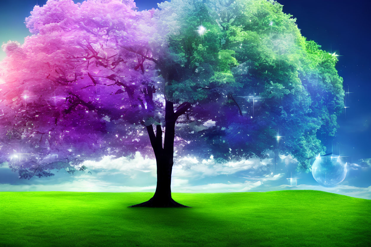 Colorful gradient tree against starry sky with orbs and green field