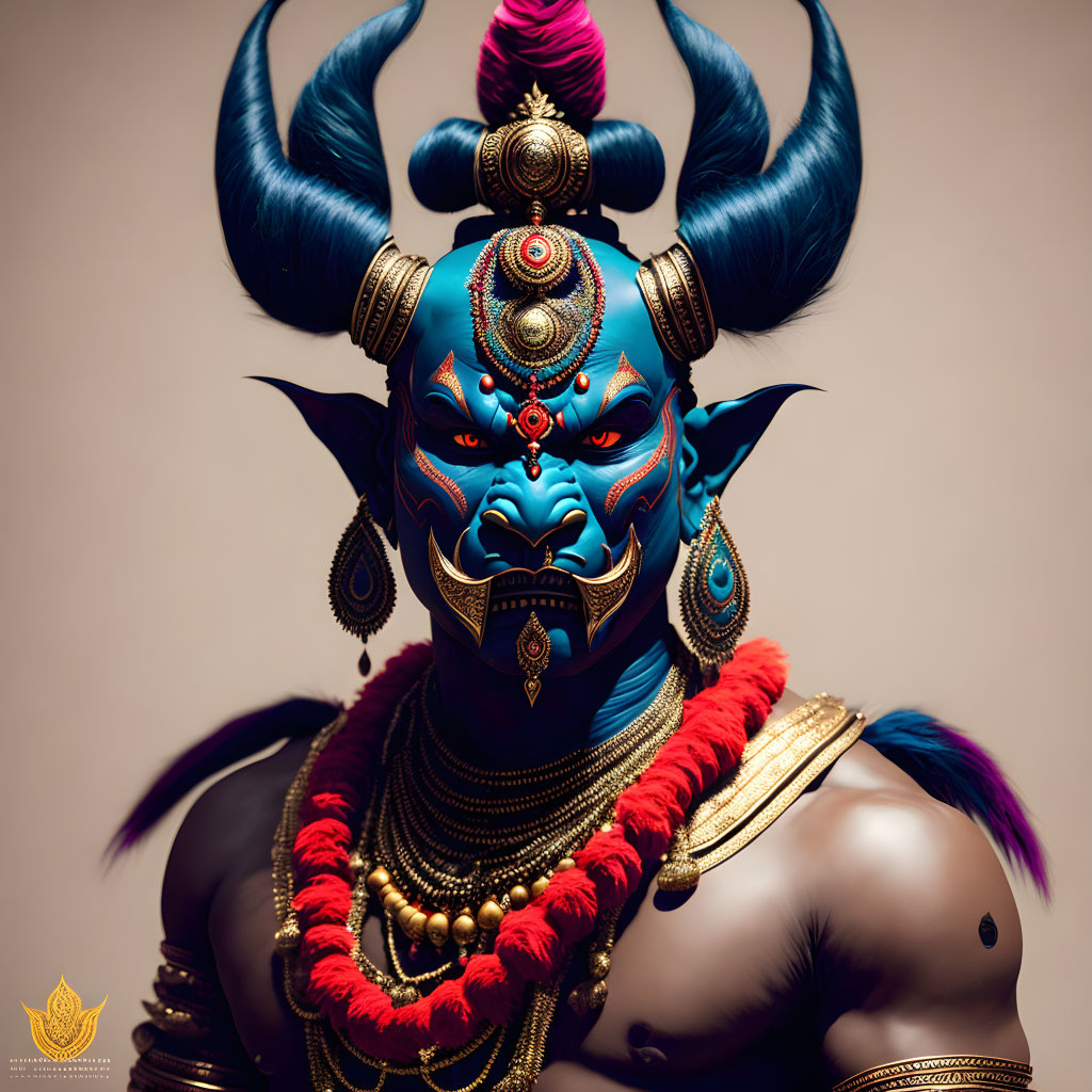 Blue-skinned character with horns and headgear in fantasy setting