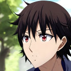 Anime character with messy dark hair and red eyes in blue top on blurred green background