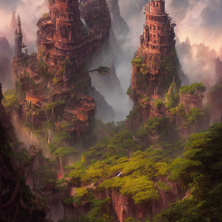 Mystical landscape with towering rock formations, lush trees, ancient temples, and flying ship in eth