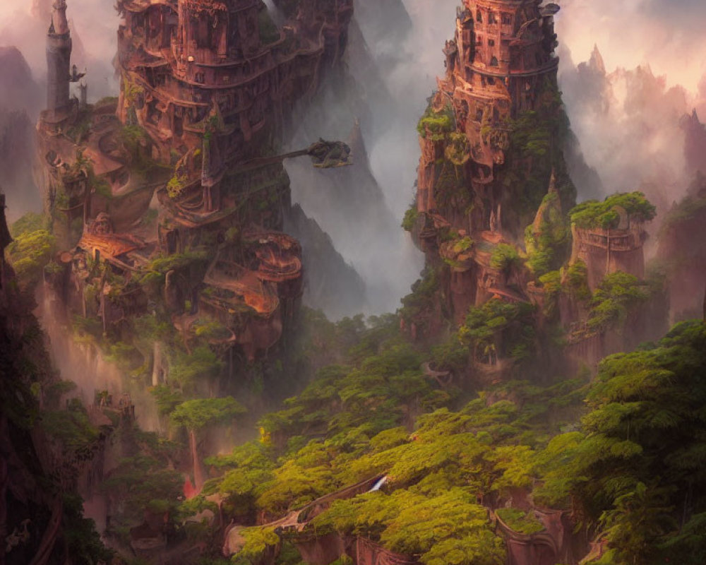 Mystical landscape with towering rock formations, lush trees, ancient temples, and flying ship in eth