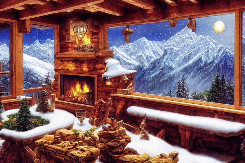 Rustic cabin interior with fireplace, snowy view, and holiday decor