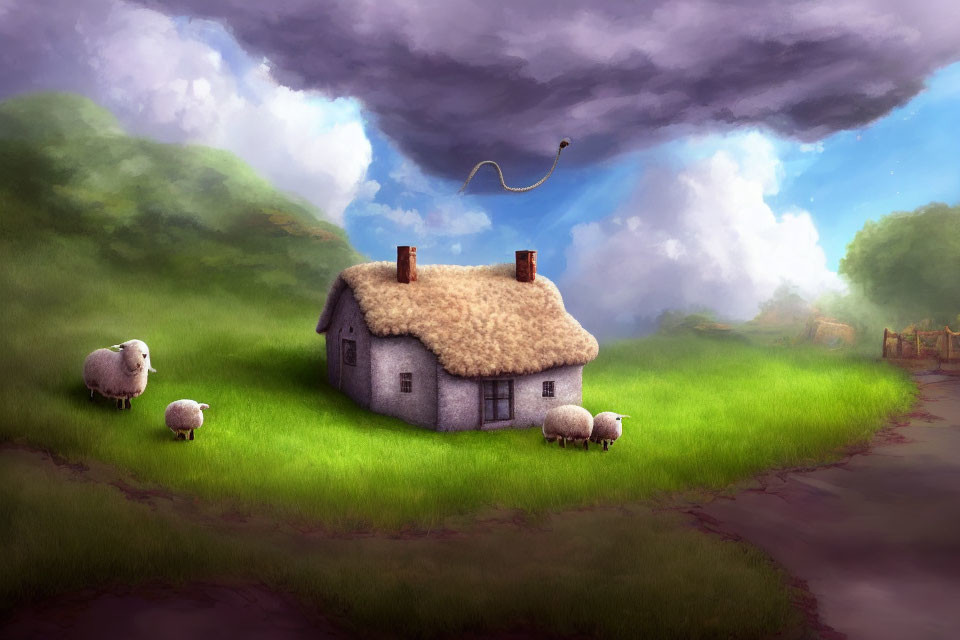 Stone Cottage with Thatched Roof and Grazing Sheep in Stormy Setting