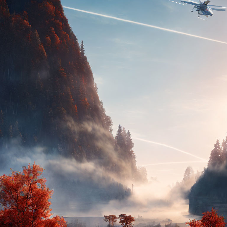 Helicopter flying over misty autumn forest valley