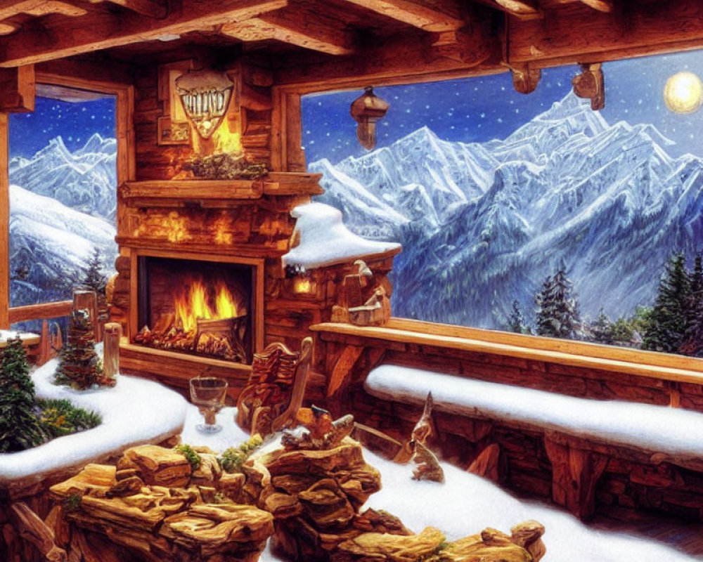 Rustic cabin interior with fireplace, snowy view, and holiday decor