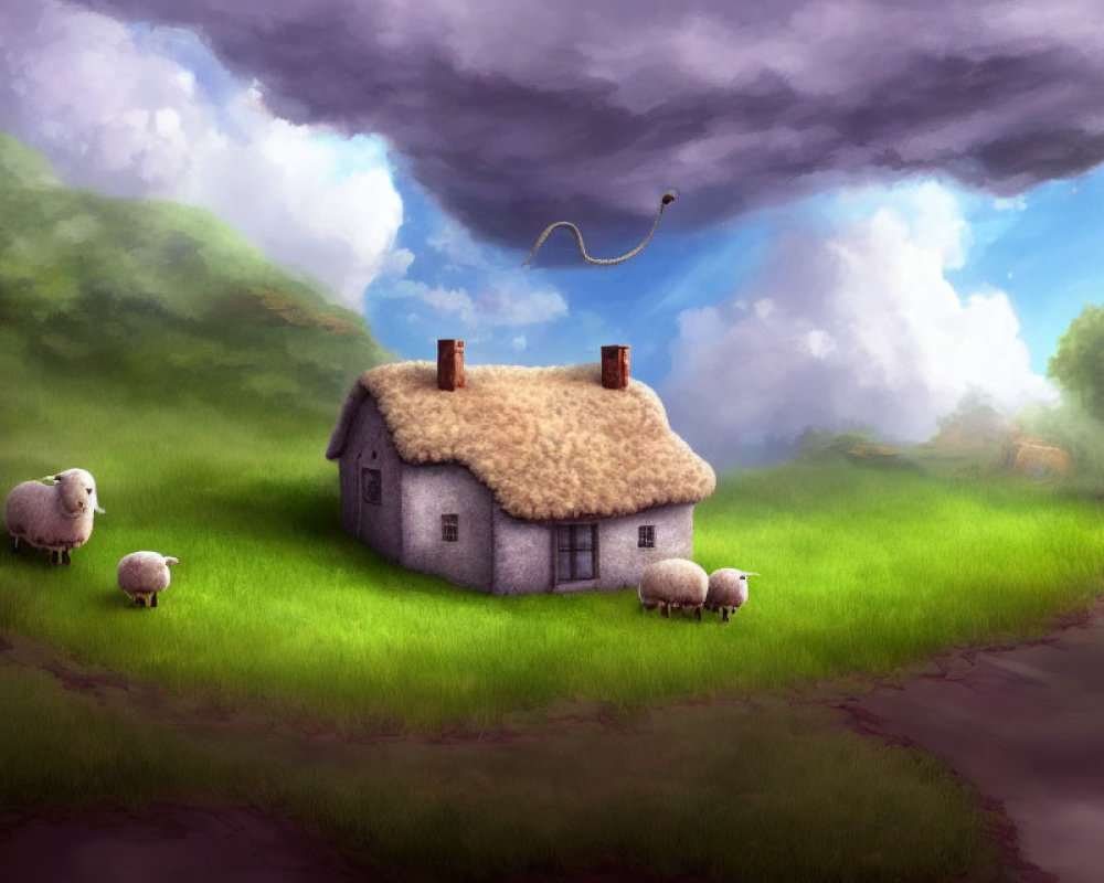 Stone Cottage with Thatched Roof and Grazing Sheep in Stormy Setting