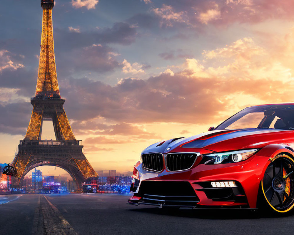 Red and Black Sports Car in Front of Illuminated Eiffel Tower at Twilight