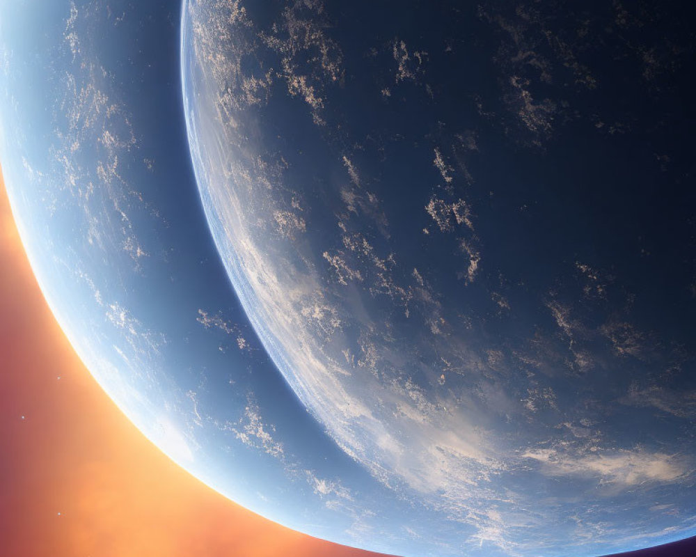 Planet's Curved Horizon Against Vast Space: Orange to Blue Atmosphere