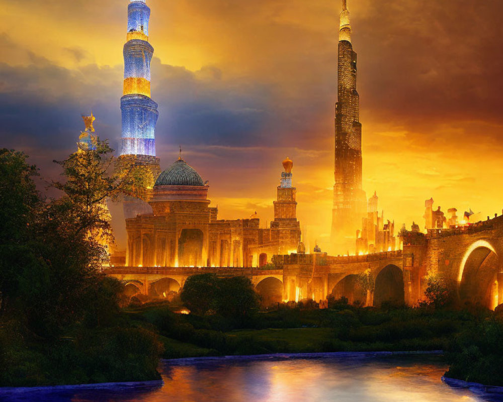 Fantastical sunset cityscape with towering spires and ancient bridge