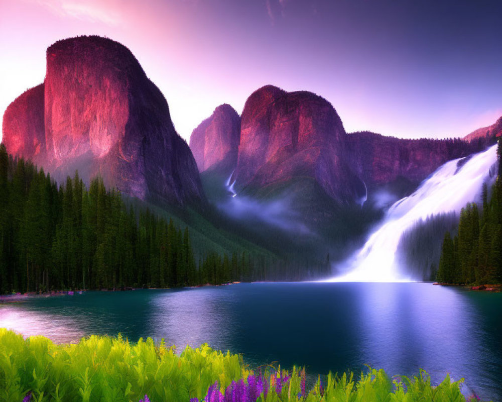 Tranquil lake with towering cliffs, waterfall, and purple wildflowers under sunset sky