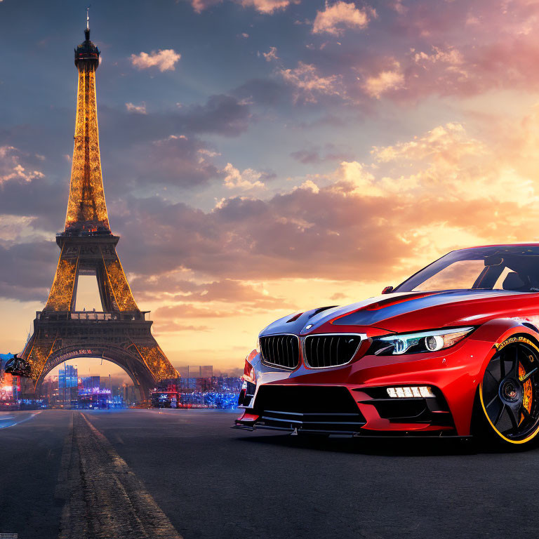 Red and Black Sports Car in Front of Illuminated Eiffel Tower at Twilight